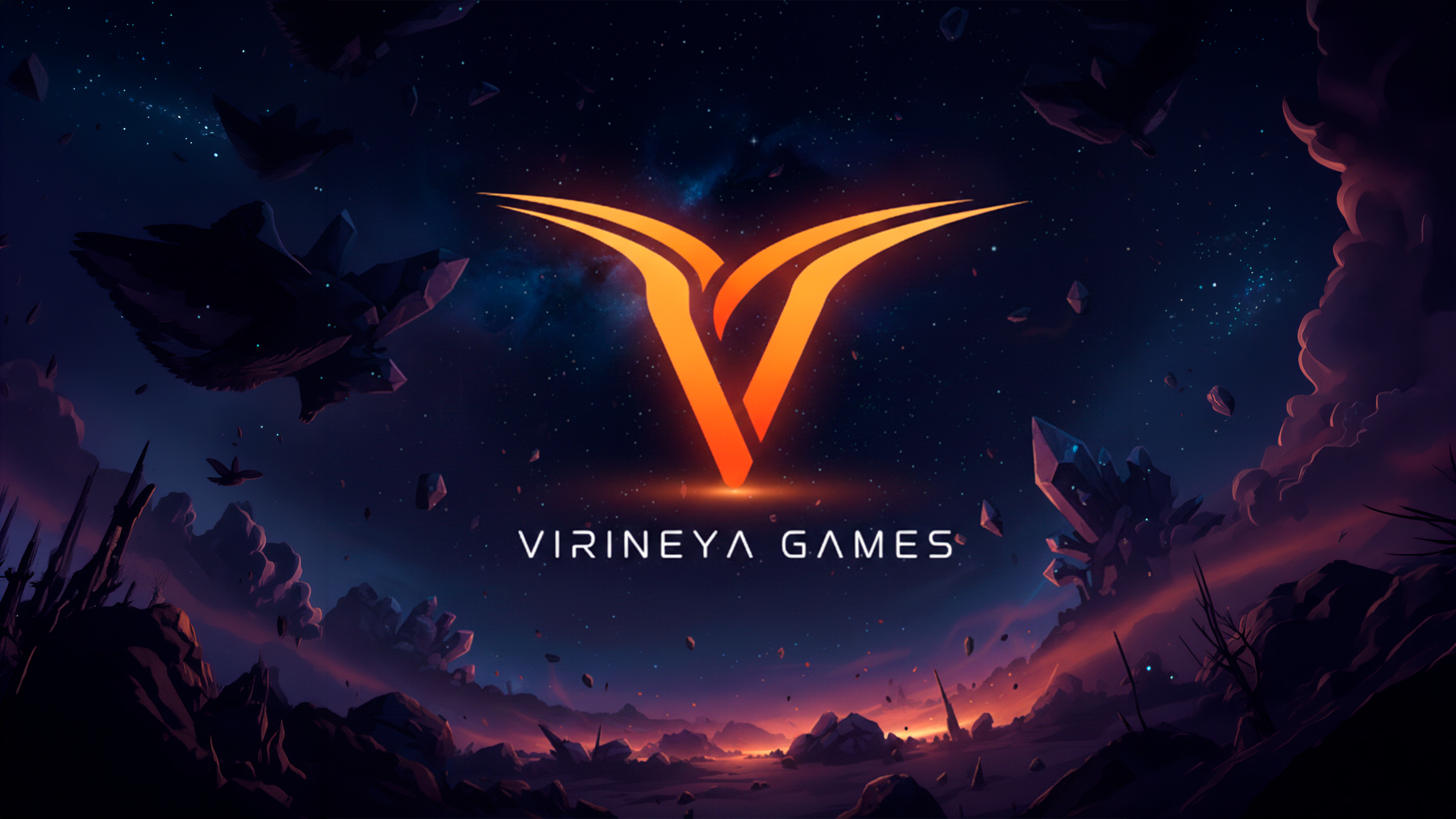 Virineya Games orange emblem above an otherworldly landscape beneath a star-filled sky